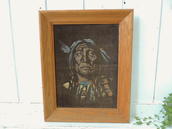 【INDIAN/1960y】木製フレーム入り・ベルベット・インディアン酋長・ヴィンテージ・アート/絵