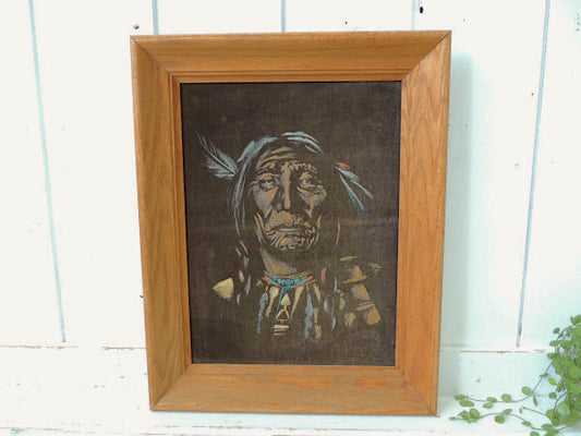【INDIAN/1960y】木製フレーム入り・ベルベット・インディアン酋長・ヴィンテージ・アート/絵