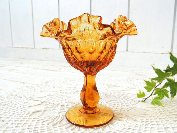 USA・アンバーガラス エレガントなデザイン・ヴィンテージ・コンポート・食器・脚付き・皿・トレイ
