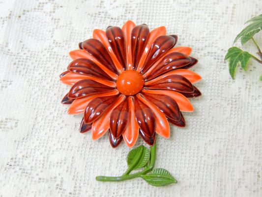 オレンジ×ブラウン レトロポップ フラワーモチーフ ヴィンテージ ブローチ アクセサリー ジュエリー USA