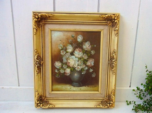 お花の油絵入り・アンティーク・木製フレーム/額縁　USA