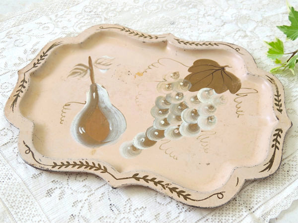 ハンドペイント トールペイント フルーツ柄 サーモンピンク色  ヴィンテージ トレイ アクセサリートレイ プレート USA