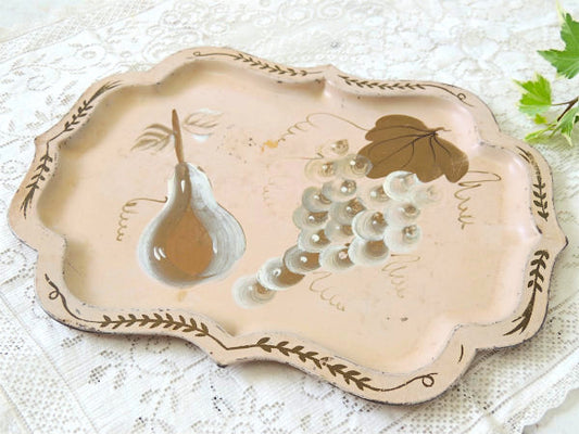 ハンドペイント トールペイント フルーツ柄 サーモンピンク色  ヴィンテージ トレイ アクセサリートレイ プレート USA