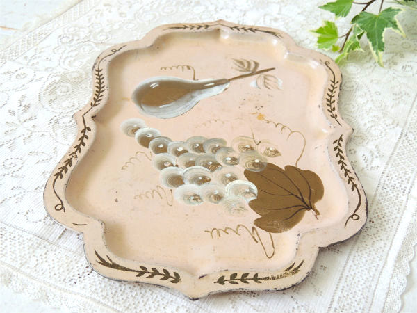 ハンドペイント トールペイント フルーツ柄 サーモンピンク色  ヴィンテージ トレイ アクセサリートレイ プレート USA