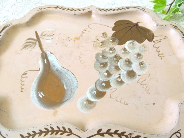 ハンドペイント トールペイント フルーツ柄 サーモンピンク色  ヴィンテージ トレイ アクセサリートレイ プレート USA