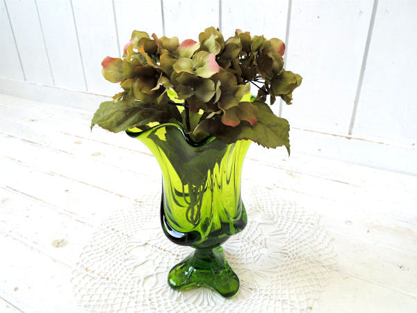【グリーンアンバー・ガラス】ミッドセンチュリー・レトロモダン・ヴィンテージ・フラワーベース・花瓶