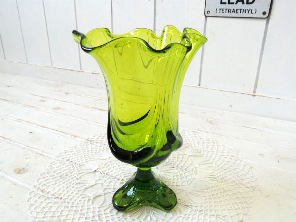 【グリーンアンバー・ガラス】ミッドセンチュリー・レトロモダン・ヴィンテージ・フラワーベース・花瓶