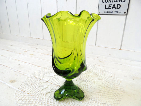 【グリーンアンバー・ガラス】ミッドセンチュリー・レトロモダン・ヴィンテージ・フラワーベース・花瓶