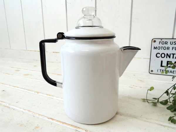 【ホワイト×ブラック】ホーロー製・ヴィンテージ・パーコレータ・コーヒーポット・ケトル・アウトドア