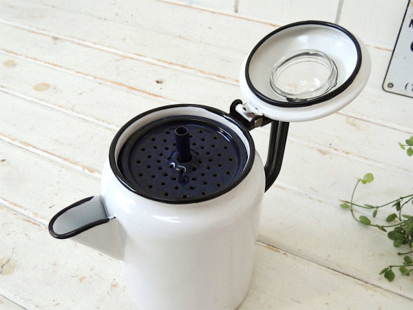 【ホワイト×ブラック】ホーロー製・ヴィンテージ・パーコレータ・コーヒーポット・ケトル・アウトドア