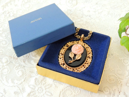 AVONエイボン ゴールド チェーン ピンクローズ 薔薇 ミラー 鏡 ペンダント ネックレス ヴィンテージ コスチュームジュエリー USA アクセサリー