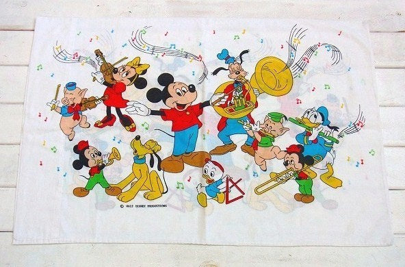 【ディズニーの仲間】ミッキー&3匹のこぶた・オーケストラ柄・ヴィンテージ・ピロケース/枕カバー