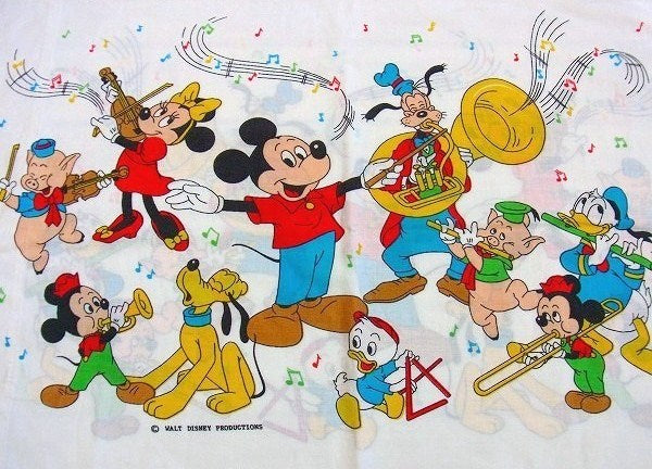 【ディズニーの仲間】ミッキー&3匹のこぶた・オーケストラ柄・ヴィンテージ・ピロケース/枕カバー