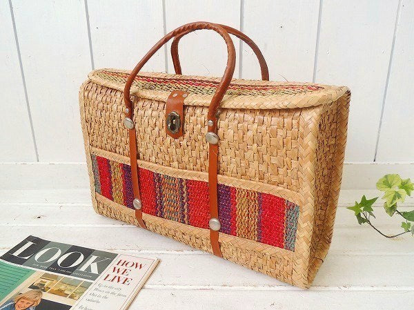 USA!ストライプ柄×ボーダー柄・ヴィンテージ・ストローバッグ/ビーチバッグ/かごバッグ(中)