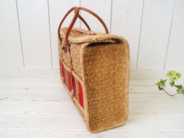 USA!ストライプ柄×ボーダー柄・ヴィンテージ・ストローバッグ/ビーチバッグ/かごバッグ(中)