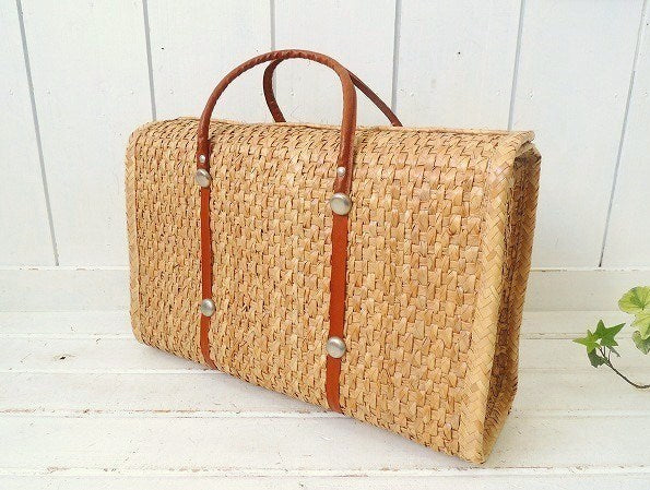 USA!ストライプ柄×ボーダー柄・ヴィンテージ・ストローバッグ/ビーチバッグ/かごバッグ(中)