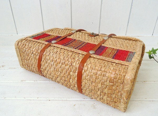 USA!ストライプ柄×ボーダー柄・ヴィンテージ・ストローバッグ/ビーチバッグ/かごバッグ(中)