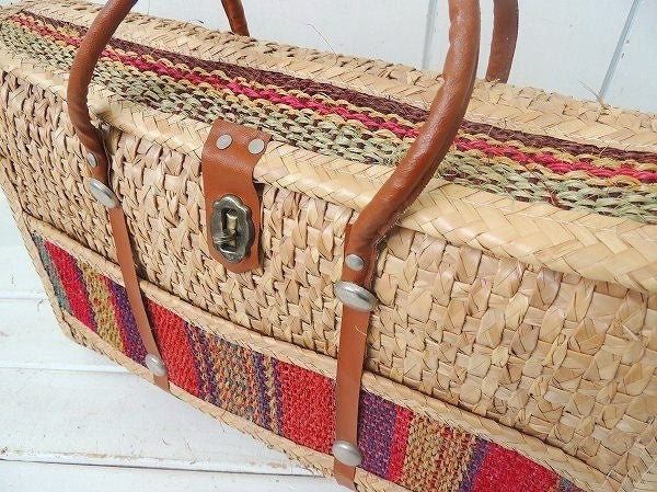 USA!ストライプ柄×ボーダー柄・ヴィンテージ・ストローバッグ/ビーチバッグ/かごバッグ(中)