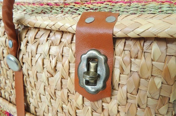 USA!ストライプ柄×ボーダー柄・ヴィンテージ・ストローバッグ/ビーチバッグ/かごバッグ(中)