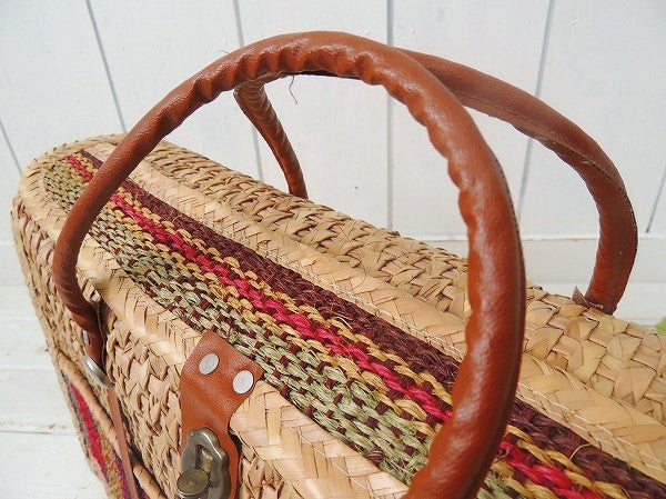 USA!ストライプ柄×ボーダー柄・ヴィンテージ・ストローバッグ/ビーチバッグ/かごバッグ(中)