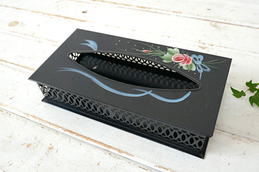 デコラティブ・花柄・トールペイント・メタル製・ヴィンテージ・ティッシュケース・ティッシュボックス