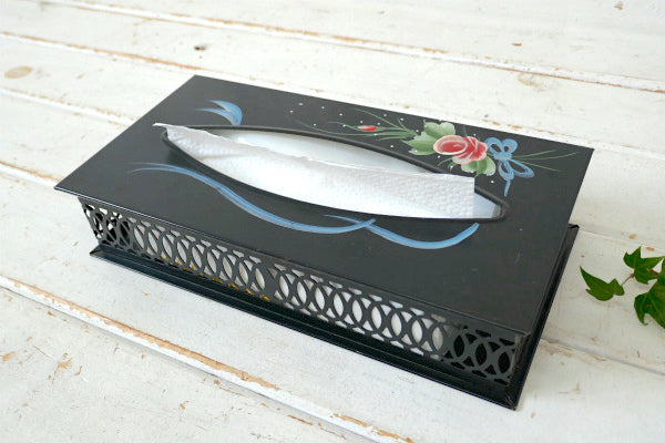 デコラティブ・花柄・トールペイント・メタル製・ヴィンテージ・ティッシュケース・ティッシュボックス