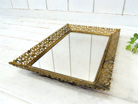 フラワー&リーフモチーフ ゴールドトーン アンティーク ミラートレイ 鏡 卓上ミラー 店内装飾 USA