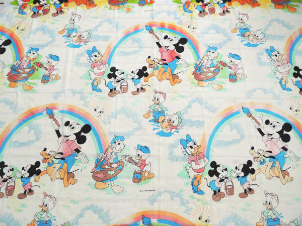 【ミッキー&フレンズ】ディズニー・レインボー柄・ヴィンテージ・カーテン/生地/ハーフシーツ