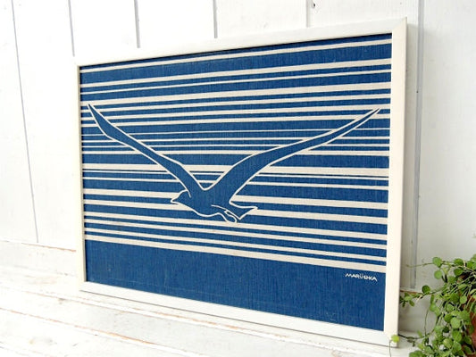 【Marushka】カモメ柄・ファブリック製・ヴィンテージ・アートフレーム・ウォールアート・壁飾り