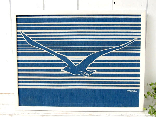 【Marushka】カモメ柄・ファブリック製・ヴィンテージ・アートフレーム・ウォールアート・壁飾り