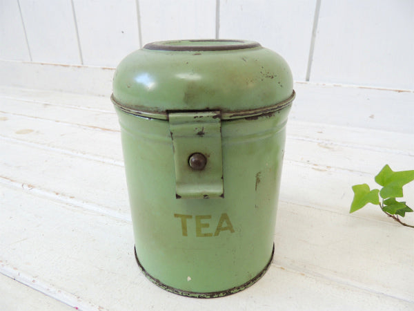 【TEA】ミントグリーン色・ティン製・アンティーク・キャニスター/ティン缶 USA