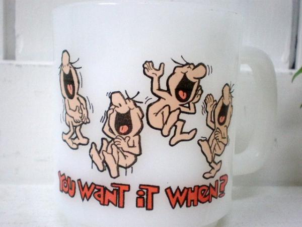 【グラスベイク・Glasbake・1980's】アドバタイジング・マグカップ・ミルクガラス