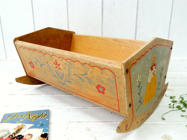 USA 花柄&母子 ハンドペイント 木製 アンティーク ゆりかご ロッキング ベビーベッド バスケットドールベッド