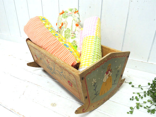 USA 花柄&母子 ハンドペイント 木製 アンティーク ゆりかご ロッキング ベビーベッド バスケットドールベッド