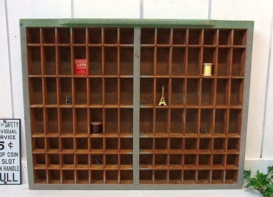 若草色×グレー色の木製・アンティーク・プリンタートレイ/飾り棚　USA