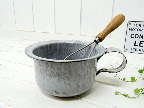 グレー×ダークグレー色・ホーロー製・ハンドル付き・アンティーク・ボウル/ワンハンドルボウル USA