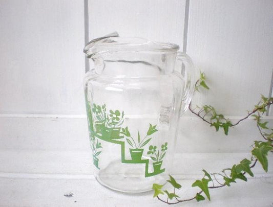 レトロ・花柄・大きなヴィンテージ・ガラスピッチャー・ピッチャー