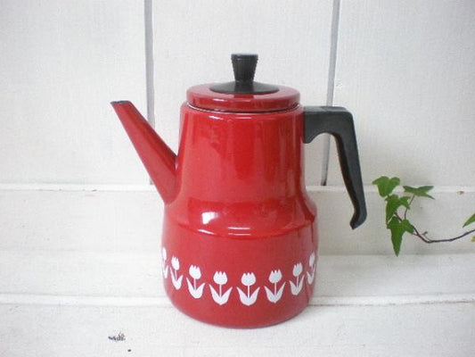 チューリップ柄　アンティーク・ホーローポット/ケトル