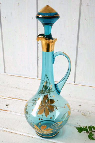 ルーマニア アクアブルー 吹きガラス 花柄 ワイン ヴィンテージ デカンタ デキャンタ BAR 酒