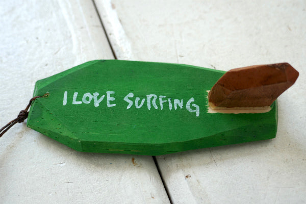 ALOHA 松田大児 パープル×グリーン ハンドメイド 木製 ミニサーフボード オブジェ アート