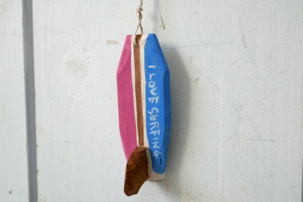 ALOHA 松田大児 ピンク×水色 木製 ミニサーフボード オブジェ アート プレゼント