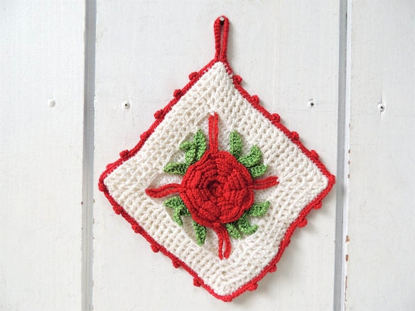 アメリカ・薔薇モチーフ・クロッシェ・手編み・ヴィンテージ・ポットホルダー・コースター・キッチン用品