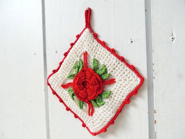 アメリカ・薔薇モチーフ・クロッシェ・手編み・ヴィンテージ・ポットホルダー・コースター・キッチン用品