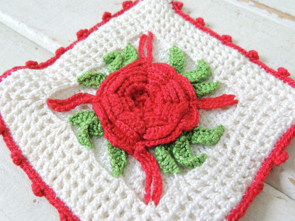 アメリカ・薔薇モチーフ・クロッシェ・手編み・ヴィンテージ・ポットホルダー・コースター・キッチン用品