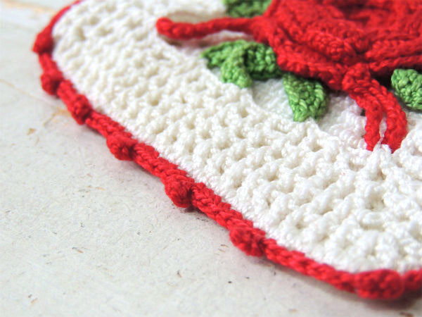 アメリカ・薔薇モチーフ・クロッシェ・手編み・ヴィンテージ・ポットホルダー・コースター・キッチン用品