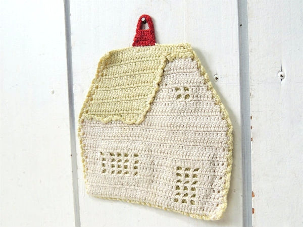 クロッシェ・家モチーフ・手編み・ヴィンテージ・ポットホルダー・コースター・キッチン用品 USA