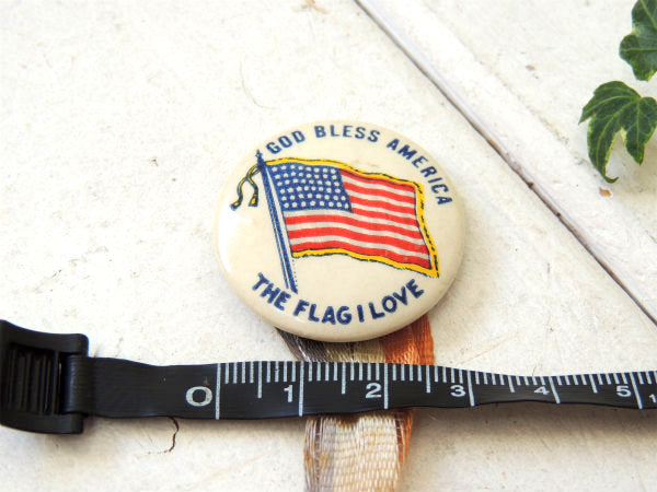 GOD BLESS AMERICA 48 星条旗 THE FLAG I LOVEリボン付き ヴィンテージ 缶バッジ USA