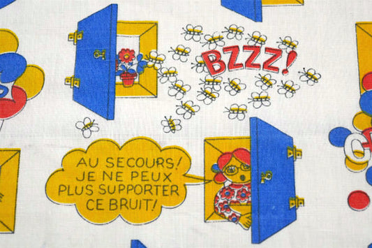 フランス バルーン&蜂&女の子柄 70s デッドストック ヴィンテージ ファブリック 生地 テキスタイル レトロ