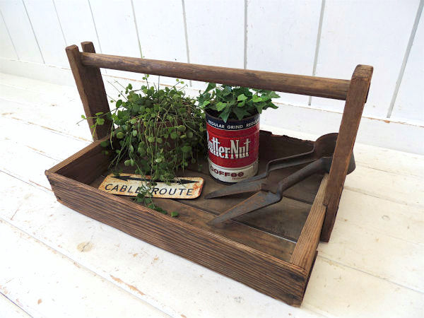 シャビー・木製・ハンドル付き・アンティーク・ツールケース・キャリーケース・木箱・ガーデニング USA