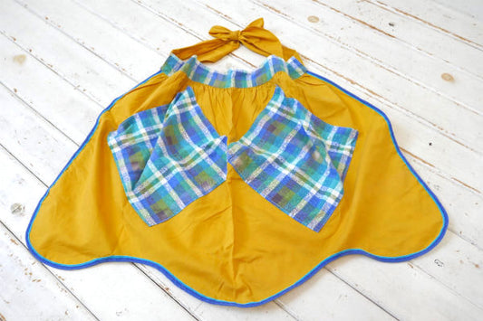 レトロ チェック柄 マスタードイエロー ビンテージ エプロン 古着 ポケット付き USA